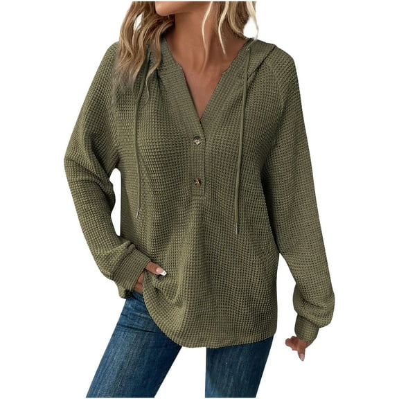 Waffle Knit Sweatshirts for Women Oversized Button Down Long Sleeve Pullovers Fall Fashion V Neck Drawstring Loose Solid Color Tops