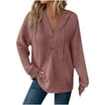 thumbnail image 1 of Waffle Knit Sweatshirts for Women Oversized Button Down Long Sleeve Pullovers Fall Fashion V Neck Drawstring Loose Solid Color Tops, 1 of 7