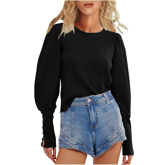 Waffle Knit Sweatshirts for Women Puff Long Sleeve Crew Neck Casual Tunic Pullovers Fall Faashion Solid Color Tops