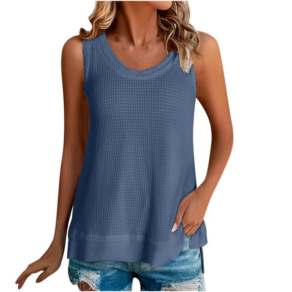 Waffle Knit Tank Tops for Women 2024 Summer Casual Sleeveless T-Shirts Loose Crewneck Split Side Ladies Tunic Blouses