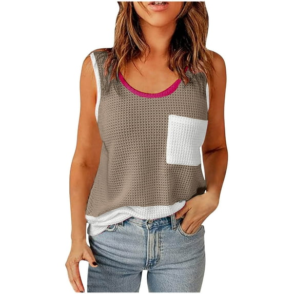 Waffle Knit Tank Tops for Women Sleeveless Tank Tops Color Block Tank Tops Tank Shirts for Women Loose Fit Tank Tops for Women