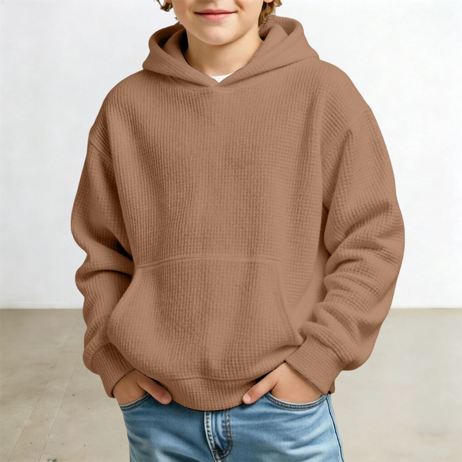 Waffle Knit Tops for Boys Long Sleeve Hoodies Solid Color Pullover Top ...
