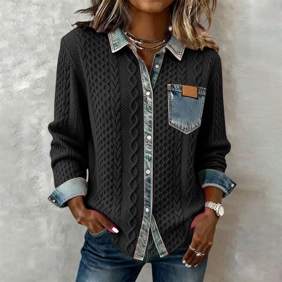 Waffle Knit Tops with Denim Collar for Women Long Sleeve Button Front Pullover Luxury Office Outfits for Women 2026 Denim Lapel V Neck Buttons Closure Casual Knit Loose Pullover Blouse Black S-3XL