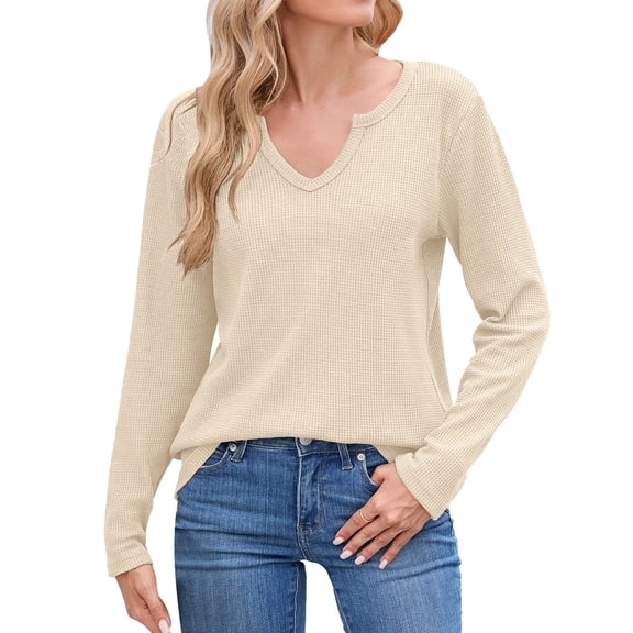 Waffle Knit Tops for Women, Comdrip Ladies' Fashionable and Casual Autumn and Winter V Neck Casual Long Sleeved Loose T Shirt Top Long Sleeve Tunic Beige S