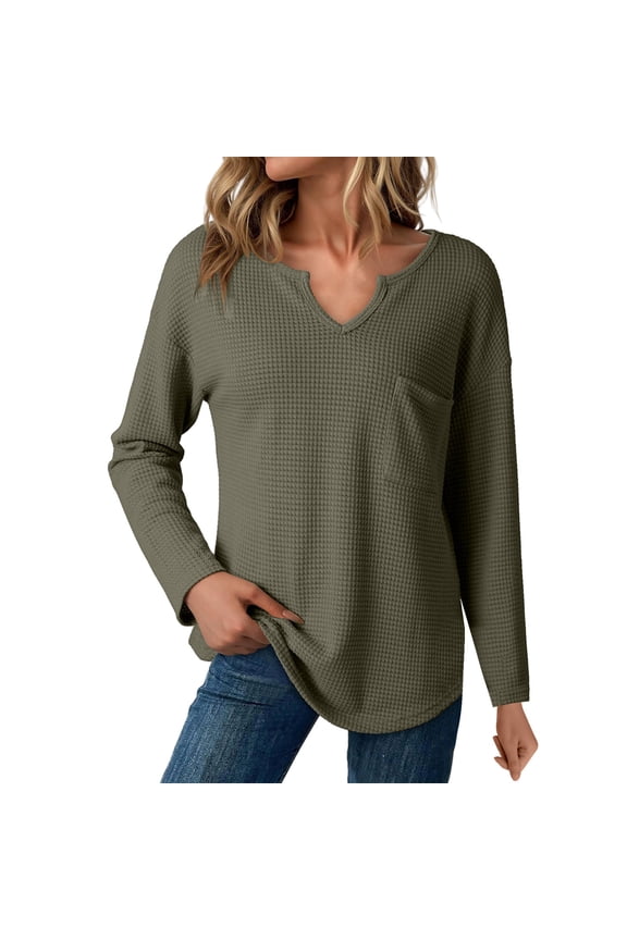 Waffle Knit Tops for Women, Yigetop Womens Tops Knit Long Sleeve Notched V Neck Shirts Casual Trendy Solid Color Loose Blouses Long Sleeve Shirts for Women Green 2XL