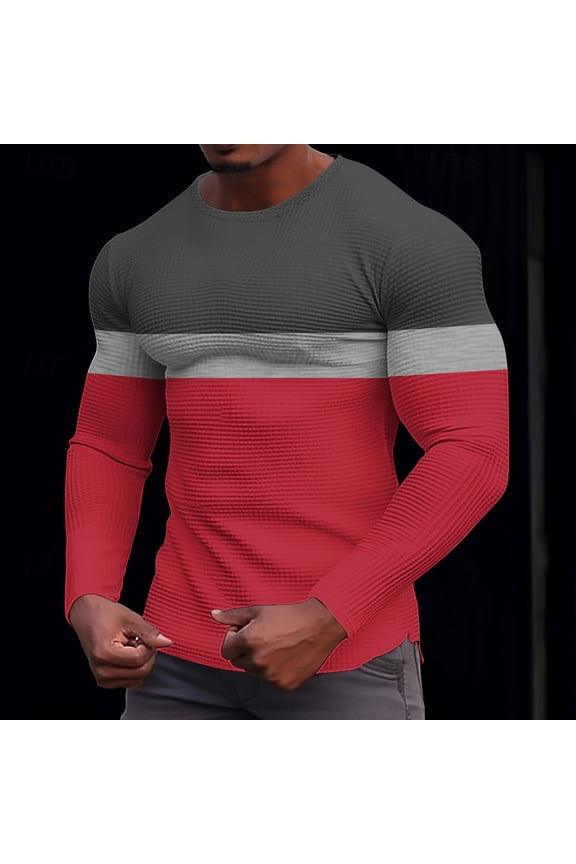 Waffle Knit Tops for Men Long Sleeve Color Blocked Compression Fit Crewneck Stretchy Gym Workout Shirts S-5XL