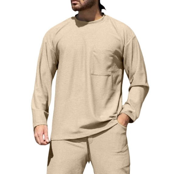 Waffle Knit Tops for Men Long Sleeve Cotton Blend Crew Neck Loose Fit Pullover Basic Tees