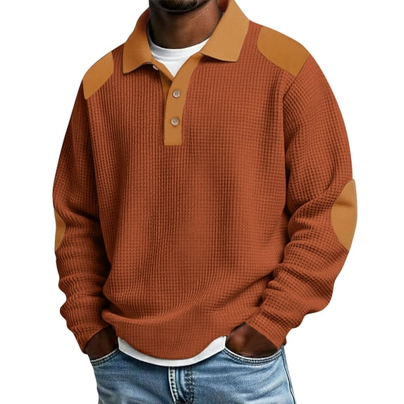 Waffle Knit Tops for Men Long Sleeve Henley Shirt Vintage Button Up Color Blocked Varsity Top