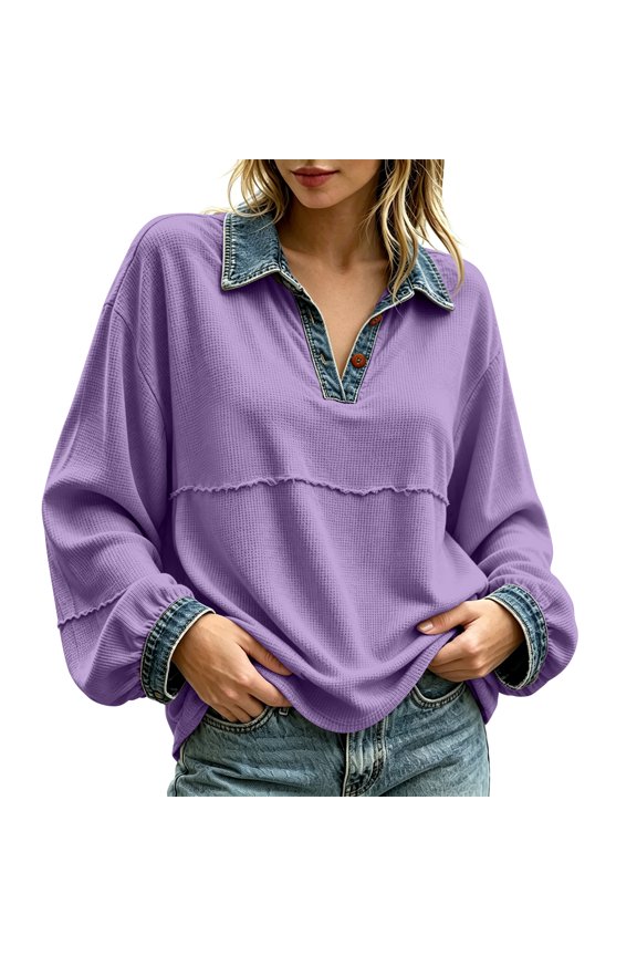 Waffle Knit Tops for Women Denim Trim Collar Patchwork Shirt Lantern Sleeve Shirt Tunics Comfy Casual Fall Clothes for Women
