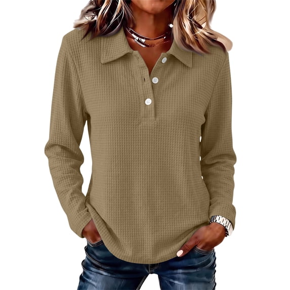 Waffle Knit Tops for Women Long Sleeve Collared Work Golf Polo Shirts Business Casual Loose Fit Blouses, L