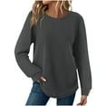thumbnail image 1 of Waffle Knit Tops for Women Long Sleeve Loose Curved Hem Lightweight Sweatshirts Crewneck Solid Casual Fall Clothes (2XL, Dark Gray), 1 of 7