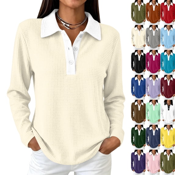 Waffle Knit Tops for Women Long Sleeve Polo Shirts Color Block Collar Half Button Casual Tunic Tops Beige L