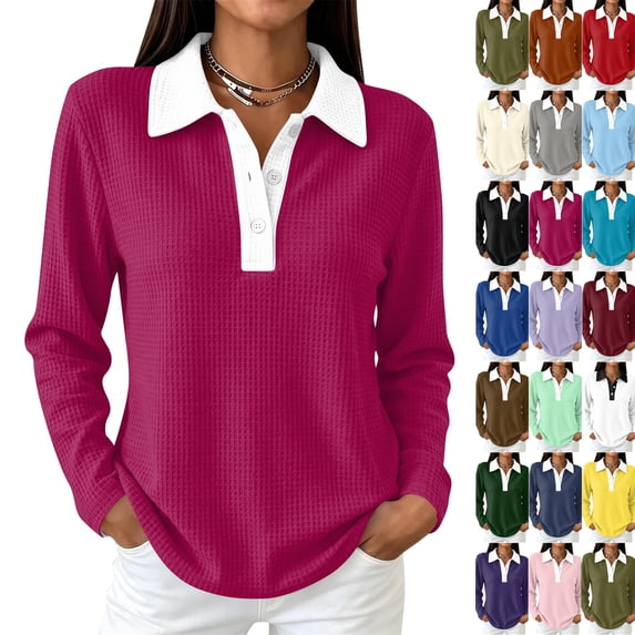 Waffle Knit Tops for Women Long Sleeve Polo Shirts Color Block Collar Half Button Casual Tunic Tops Hot Pink L