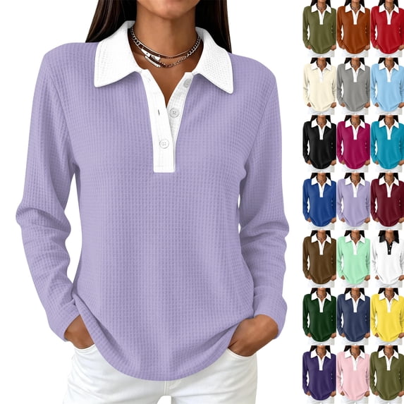 Waffle Knit Tops for Women Long Sleeve Polo Shirts Color Block Collar Half Button Casual Tunic Tops Light Purple L