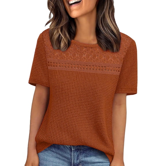 Waffle Knit Tops for Women Summer Womens Blouse Mesh Dressy Casual Women's Clothing Lightweight Short Sleeve Shirts Coffee
