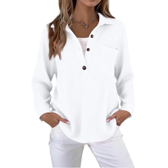 Waffle Knit Tops for Women V Neck Long Sleeve Solid Loose Casual Tunic Fashion Button Down Henley Shirts with Pocket White M