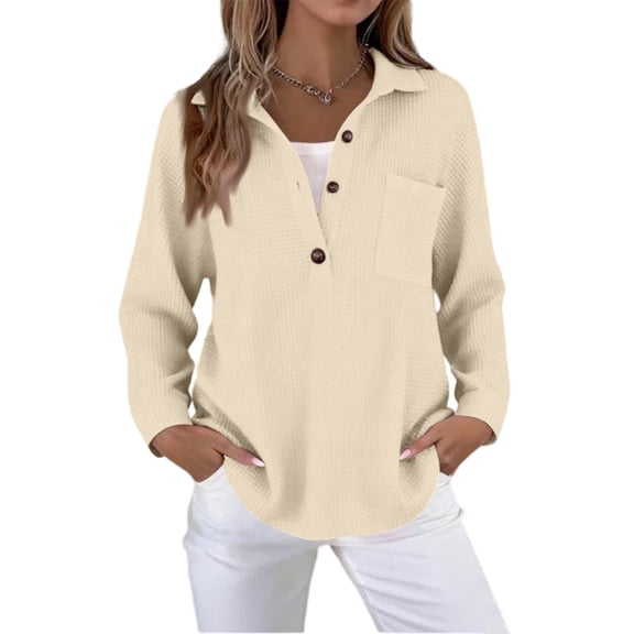 Waffle Knit Tops for Women V Neck Long Sleeve Solid Loose Fit Tunic Fashion Button Down Henley Shirts with Pocket Beige 2XL