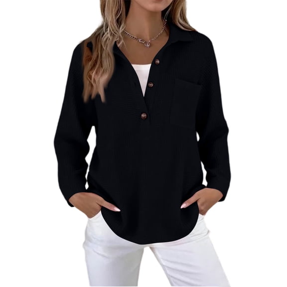 Waffle Knit Tops for Women V Neck Long Sleeve Solid Loose Fit Tunic Fashion Button Down Henley Shirts with Pocket Black 2XL