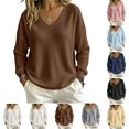 thumbnail image 1 of Waffle Knit Tops for Women Zaewscy Fashion Women's Casual Solid Color Long Sleeve V-neck Imitation Blouse Shirt Brown L, 1 of 9