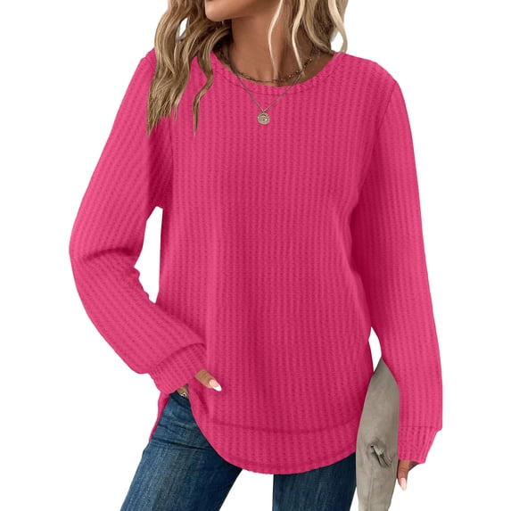 Waffle Knit Tunic Tops For Women Fall Long Sleeve Shirts Curved Hem Crew Neck Loose Fit Fashion Clothing Outfits Plus Size Casual Comfy Hot Pink M