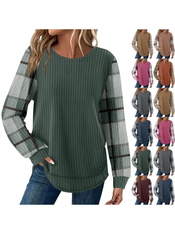 Waffle Knit Tunic Tops for Women Curved Hem Dressy Long Sleeve Shirts Trendy Fall Fashion Crewneck Sweaters Camel 2XL