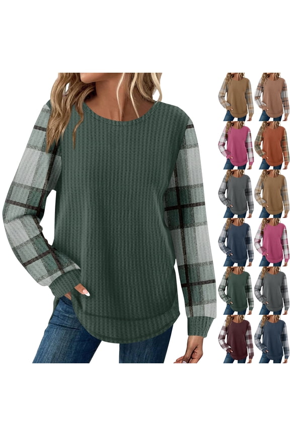 Waffle Knit Tunic Tops for Women Curved Hem Dressy Long Sleeve Shirts Trendy Fall Fashion Crewneck Sweaters Hot Pink L