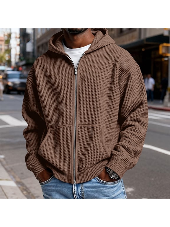Waffle Knit Zip Up Hoodie Men's Casual Solid Color Zipper Top Urban Textured Casual Outer Blouses Coffee L