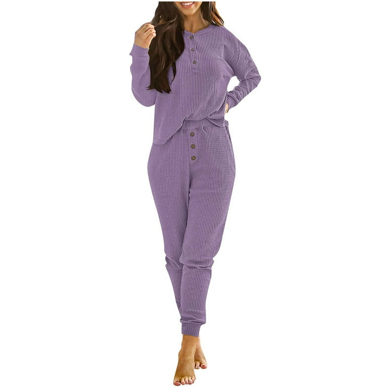 Waffle Knitted Lounge Outfits for Women 2 Piece Long Sleeve Henley Top and Sweatpants Pant Sets Tracksuit S XXL Walmart