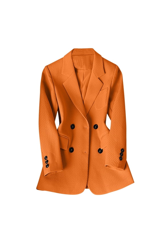 Waffle Knitting Blazer for Women Mid Length Trenchcoat Notched Lapel Double Breasted Suit Jacket Unlined Overcoat Orange XXL