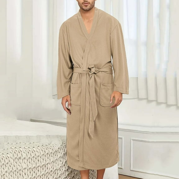 Waffle Long Bathrobe for Mens Long Sleeve Thermal Nightgown Lounge Warm Velvet Fleece Long Towel Robe Loungewear with Pockets