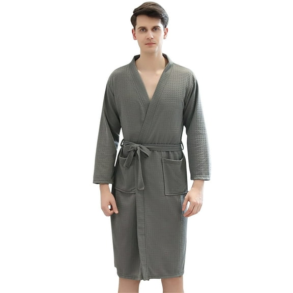 Waffle Long Robes for Women Men Soft Lightweight 3/4 Sleeves Bathrobes Nightgown with Belt for Spa Shower