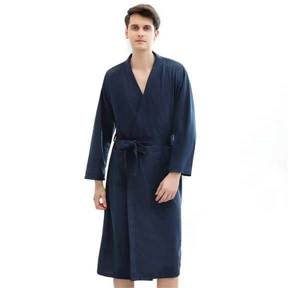 Waffle Long Robes for Women Men Soft Lightweight 3/4 Sleeves Bathrobes Nightgown with Belt for Spa Shower