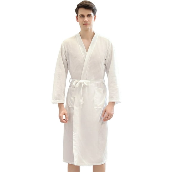 Waffle Long Robes for Women Men Soft Lightweight 3/4 Sleeves Bathrobes Nightgown with Belt for Spa Shower