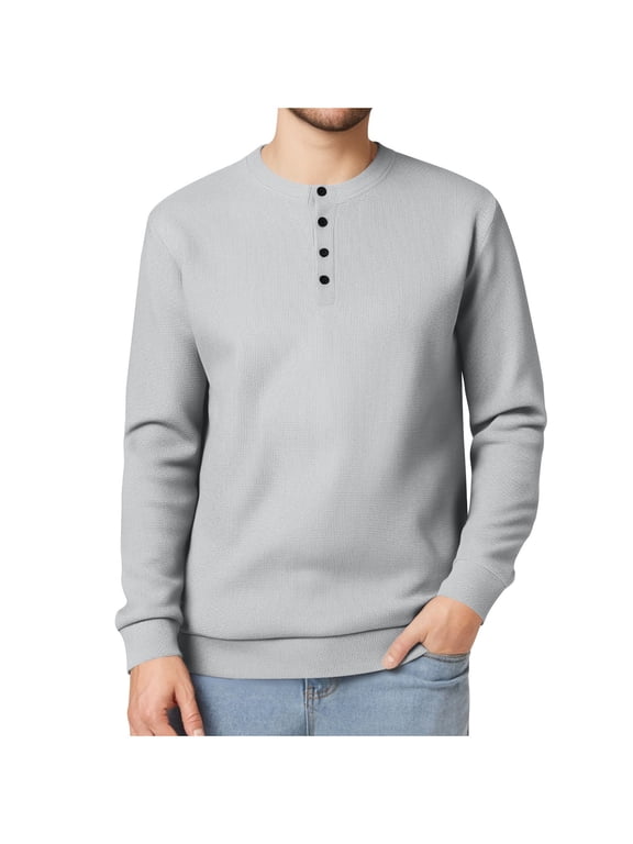 Waffle Long Sleeve Mens T-Shirts Henley Tshirts for Men, Casual Tee Shirt Fashion Button Sweatshirt Classic Crew Neck Pullover Regular Fit Plain Tops Lightweight Solid Workout Gym Jumpers
