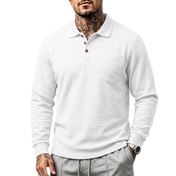 Waffle Long Sleeve Polo Shirt for Men Texture Heavyweight Polos Turn Down Collar Chest Pocket Shirts