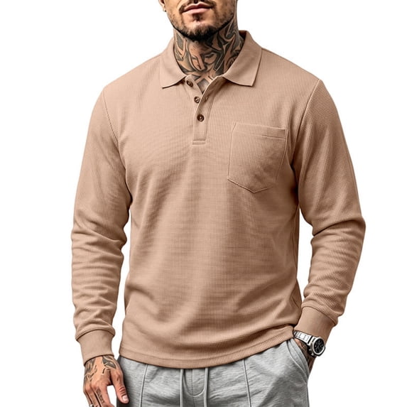Waffle Long Sleeve Polo Shirt for Men Texture Heavyweight Polos Turn Down Collar Chest Pocket Shirts