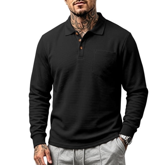 Waffle Long Sleeve Polo Shirt for Men Texture Heavyweight Polos Turn Down Collar Chest Pocket Shirts