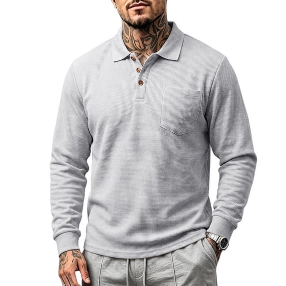 Waffle Long Sleeve Polo Shirt for Men Texture Heavyweight Polos Turn Down Collar Chest Pocket Shirts