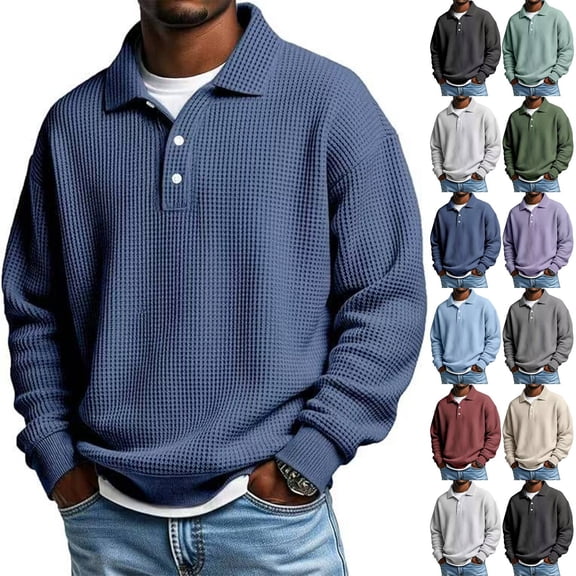 Waffle Long Sleeve Polo Shirts for Men Big and Tall Golf Shirt Casual Collared Heavyweight T Shirts Textured Knit Tops Dark Blue 3XL