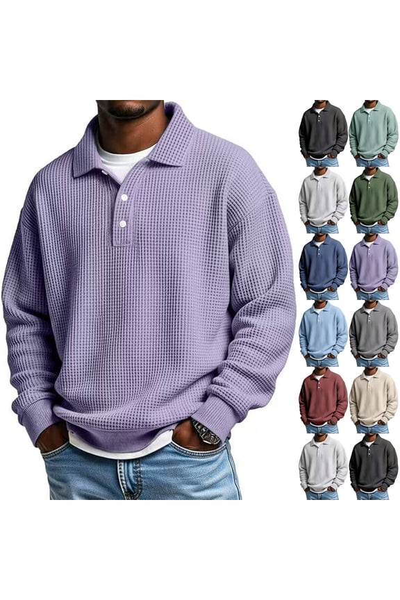 Waffle Long Sleeve Polo Shirts for Men Big and Tall Golf Shirt Casual Collared Heavyweight T Shirts Textured Knit Tops Purple S