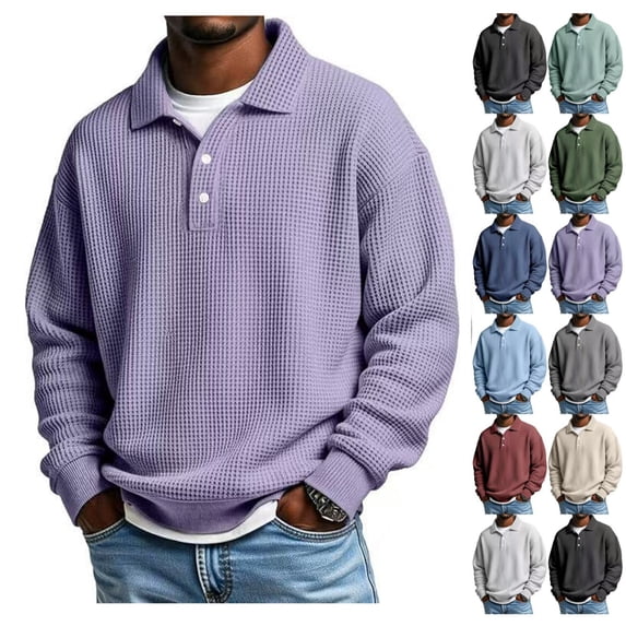 Waffle Long Sleeve Polo Shirts for Men Big and Tall Golf Shirt Casual Collared Lightweight T Shirts Textured Knit Tops