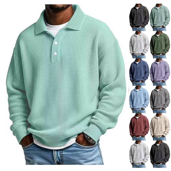 Waffle Long Sleeve Polo Shirts for Men Big and Tall Golf Shirt Casual Collared Lightweight T Shirts Textured Knit Tops