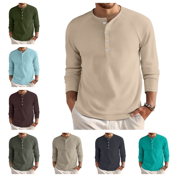 Waffle Long Sleeve Shirt for Men Casual Button Down Thermal Henley Shirts Lightweight Plain Fall Tshirts Pullover Beige 2XL