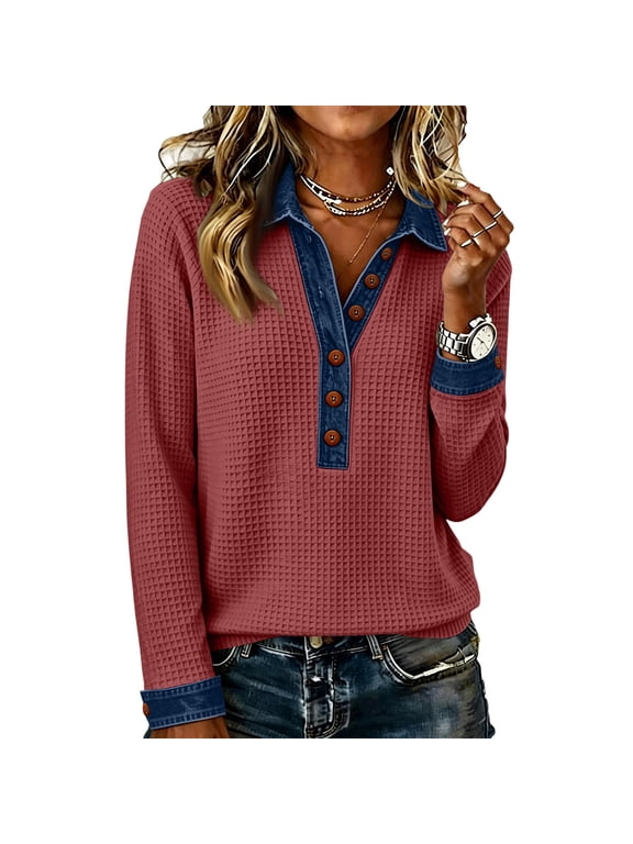 Waffle Long Sleeve Shirts for Women Denim Patchwork V Neck Tunic Tops Watermelon Red S
