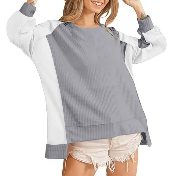 Waffle Long Sleeve Shirts for Womens Fashion Colorblock Pullover Sweatshirts High Low Tunic Tops