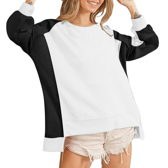 Waffle Long Sleeve Shirts for Womens Fashion Colorblock Pullover Sweatshirts High Low Tunic Tops