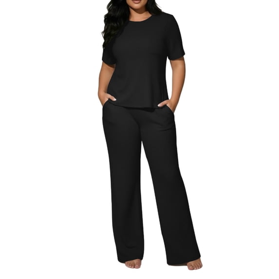 Waffle Lounge Sets Women 2 Piece Loungewear Short Sleeve Tee Tops Wide Leg Pants Spring Summer Outfits Black, L