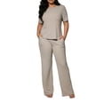 thumbnail image 1 of Waffle Lounge Sets Women 2 Piece Loungewear Short Sleeve Tee Tops Wide Leg Pants Spring Summer Outfits Gray, S, 1 of 5