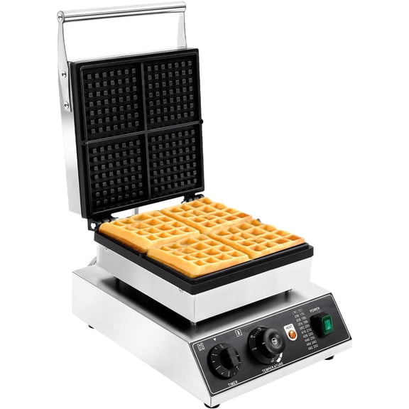 Waffle Maker, 110V 1750W Stainless Steel Square 4 Slice Waffle Maker Non-Stick Stainless Steel Belgian Waffle Iron w/Temperature & Time Control for Cafeterias & Bakeries