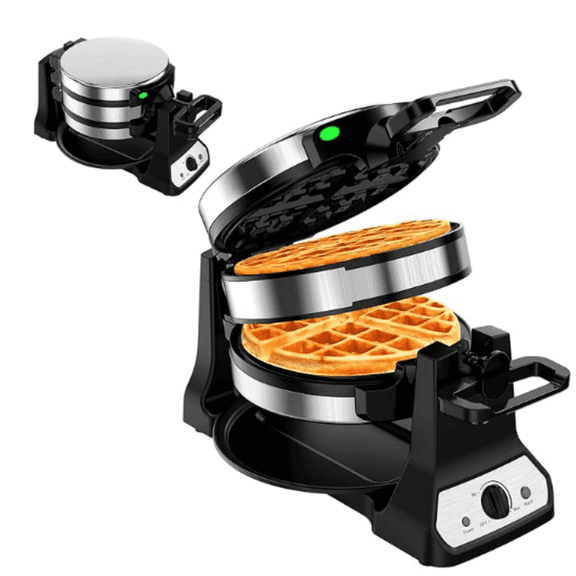 1400W Belgian Waffle Maker, Double Waffle Iron 180 Flip, Rotating Nonstick Plates, Adjustable Browning Control, Locking Buckle & Cool Touch Handle, Removable Drip Tray, Stainless Steel